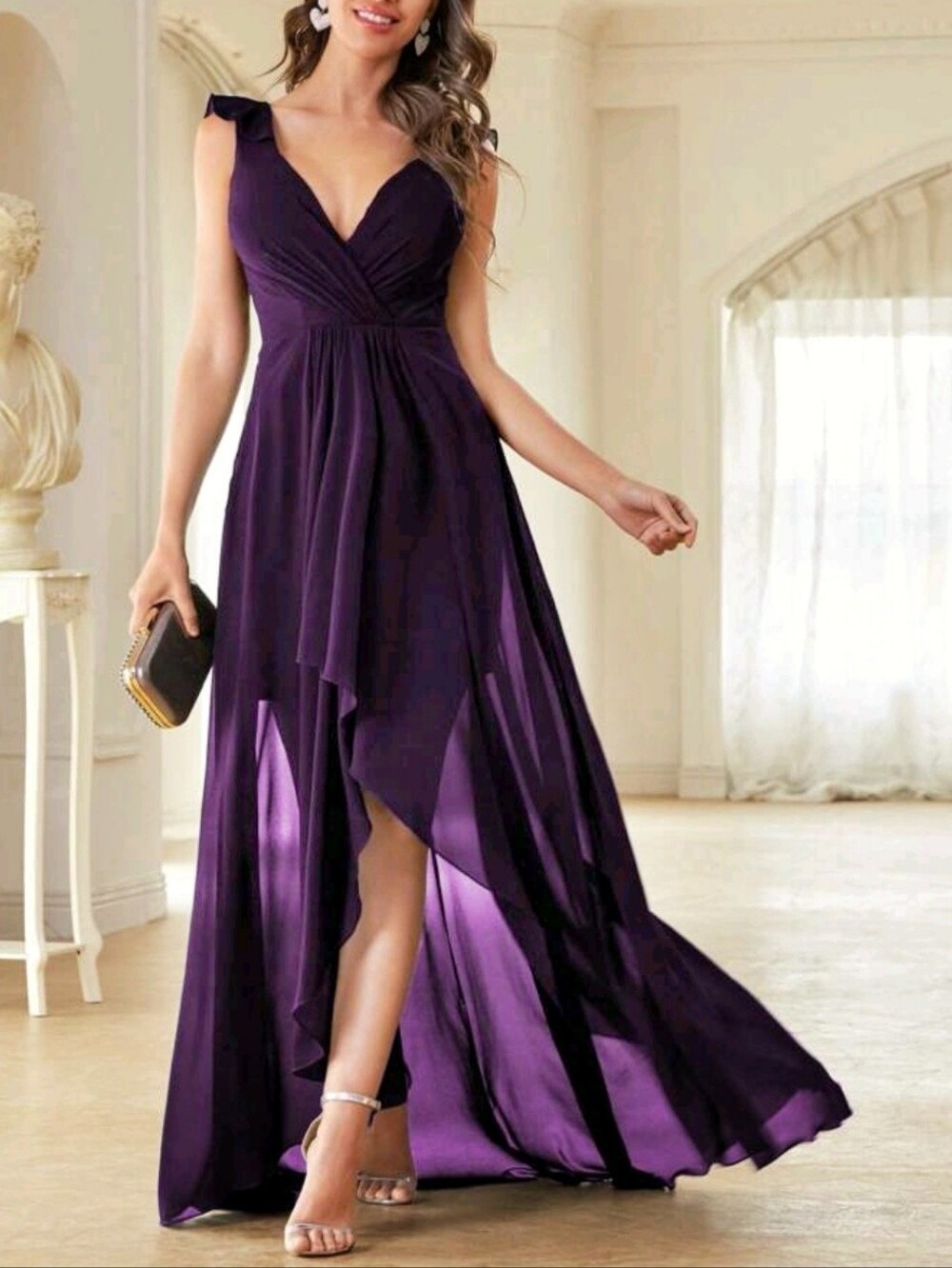 NEW Chiffon Ruffle Back Maxi Dress Ruffle Wrap Purple